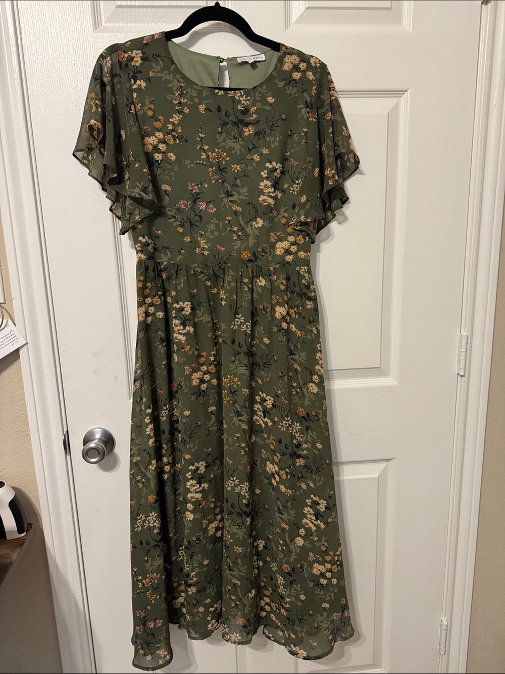 Baltic Born Olive Green Floral Midi Dress with Flutter Sleeves